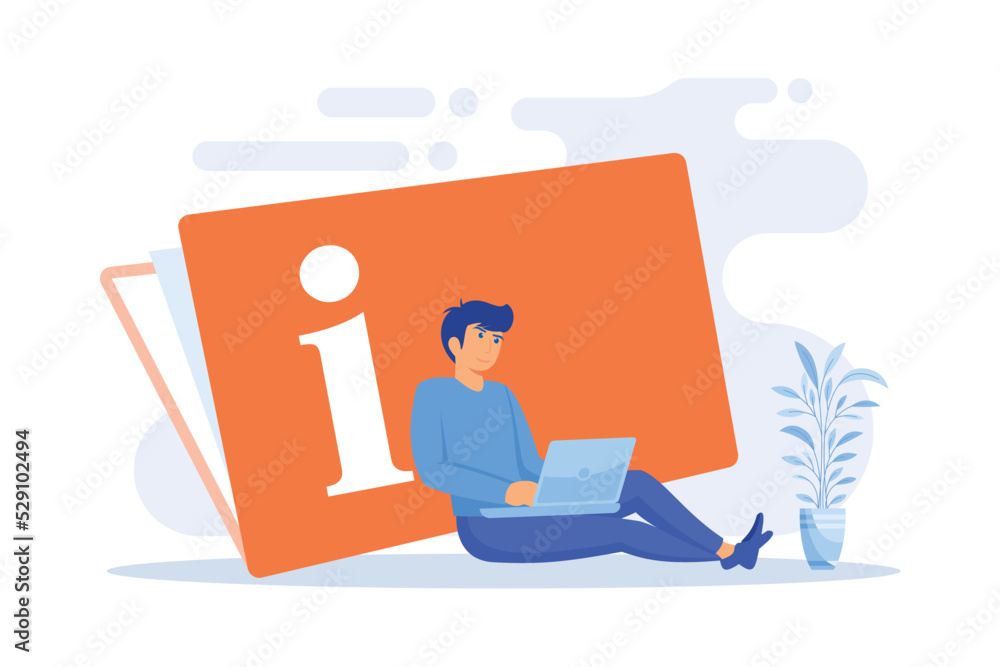 Instruction manual. Smart man with laptop studying handbook, reading guidebook cartoon character. Use terms, tutorial guide, digital documentation. flat vector modern illustration Instruction manual. Smart man with laptop studying handbook, reading guidebook cartoon character. Use terms, tutorial guide, digital documentation. flat vector modern illustration
