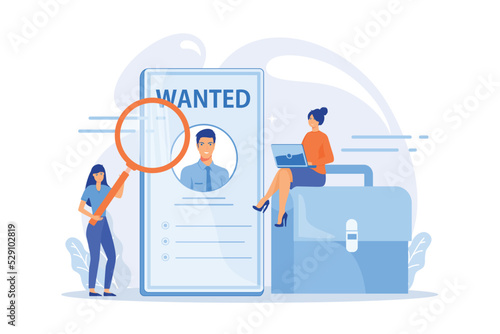 Modern job search. Staff hiring, online recruitment, freelance profession. Applicant studying help wanted poster. Freelancer looking for orders. flat vector modern illustration