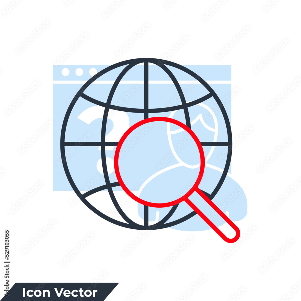 Magnify globe icon logo vector illustration. search globe symbol template for graphic and web design collection Magnify globe icon logo vector illustration. search globe symbol template for graphic and web design collection