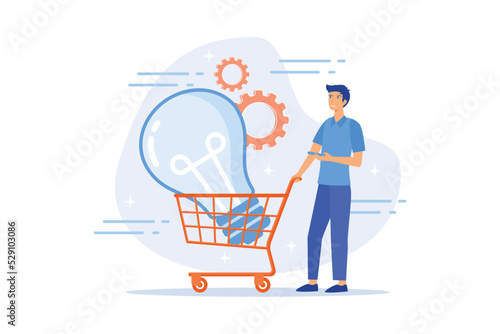 Mall shopping. Consumerism, retail, commerce. Male flat character with light bulb in store cart. Purchase idea buying. Shoppers and buyers attraction. flat vector modern illustration