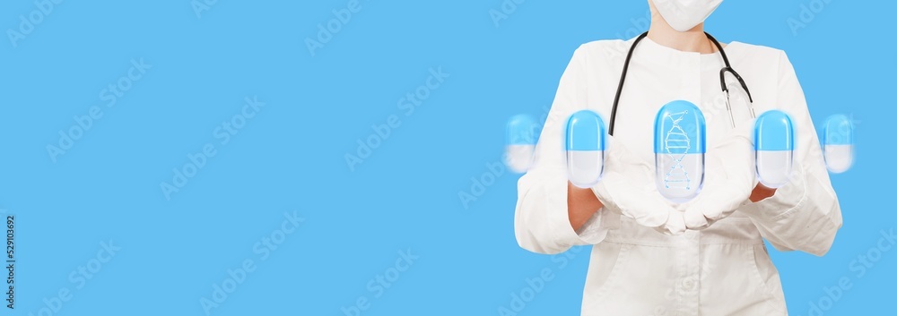 Woman doctor holds 3d rendering pills. Medical personal isolated on blue background. Banner for advertising W drugs and vitamins treatment. Anti-aging concept.High quality 3d illustration Woman doctor holds 3d rendering pills. Medical personal isolated on blue background. Banner for advertising W drugs and vitamins treatment. Anti-aging concept.High quality 3d illustration
