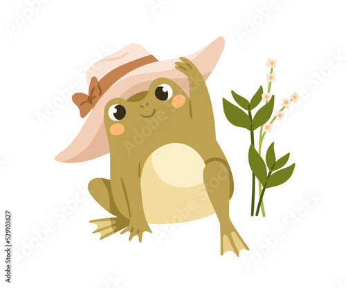 Cute frog in summer hat. Funny girl froggy. Adorable amphibian animal. Lovely kawaii female toad character. Childish anthropomorphic flat vector illustration isolated on white background