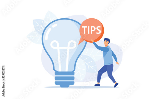 Tips and creative ideas. Business innovation isolated flat design element. Problem solution, advice, brainstorming. Male character thinking. flat vector modern illustration