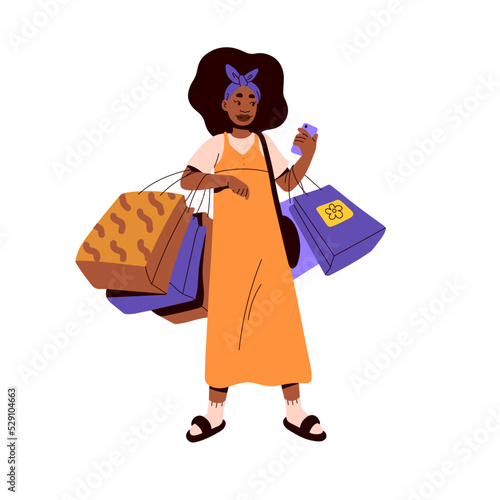 Happy girl buyer holding many shopping bags and mobile phone. Young black woman customer in modern fashion clothes, carrying purchases. Flat graphic vector illustration isolated on white background