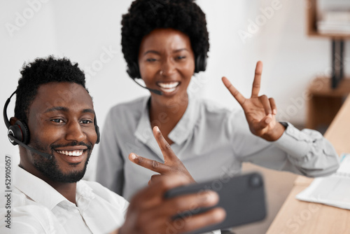 Obraz na plátně Selfie, peace and friends in a call center with a consultant and colleague in customer support, telemarketing and sales