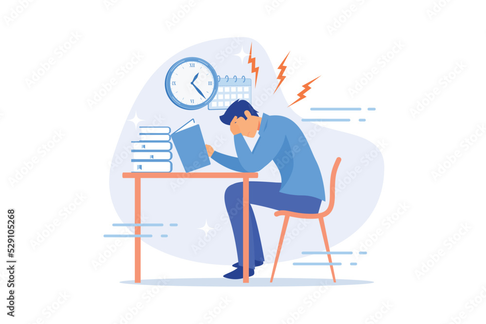 Terrible time crunch, cramming material before tests, examination. Exams and test results, personal exam timetable, exam stress and anxiety concept. flat vector modern illustration - obrazy, fototapety, plakaty 