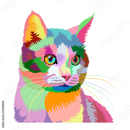 Rainbow portrait of a cat with multi-colored eyes on a white background