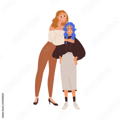 Women of different height standing together. Tall and short small girls friends couple hugging. Girlfriends with diverse appearance, image. Flat vector illustration isolated on white background