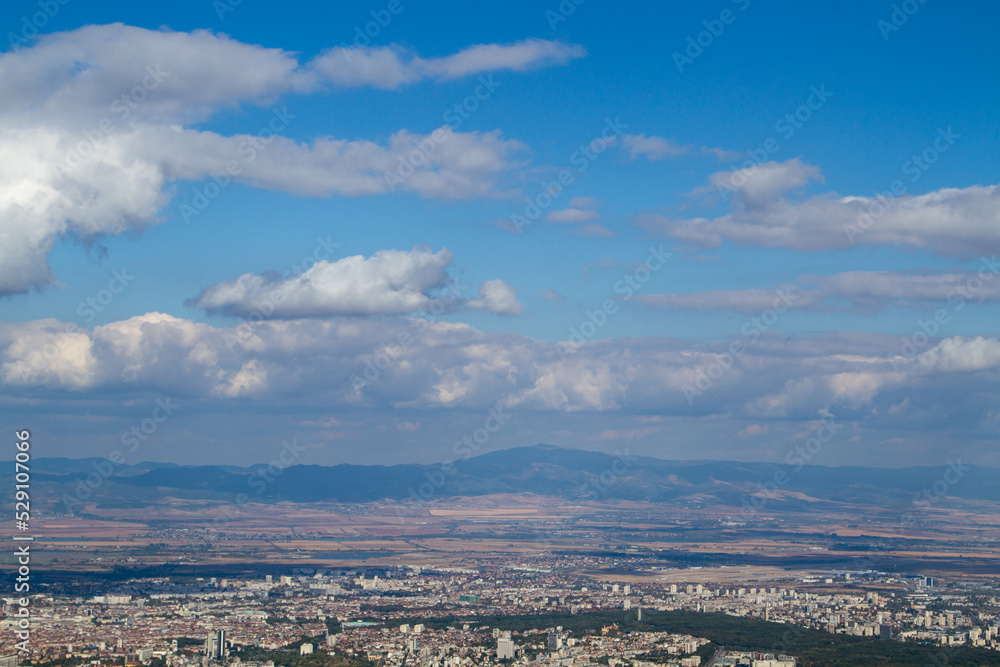 Aerial view of the city of Sofia, Bulgaria. The capital of Bulgaria is located in the west of the country at the foot of the Vitosha mountain range. History of city has more than two thousand years.