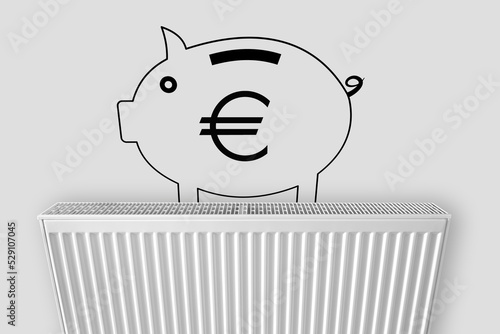 Piggy bank with euro sign on home heating radiator. Energy crisis and expensive heating costs for winter season. Big heating and gas bill photo