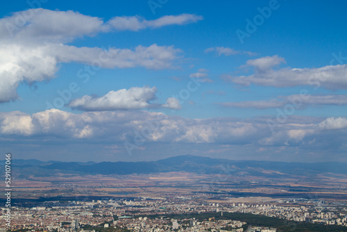 Aerial view of the city of Sofia, Bulgaria. The capital of Bulgaria is located in the west of the country at the foot of the Vitosha mountain range. History of city has more than two thousand years.