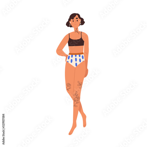 Young slim girl in bikini. Modern woman with tattoos on neck and leg, wearing beach wear, swimsuit. Female in beachwear, swimwear and earrings. Flat vector illustration isolated on white background