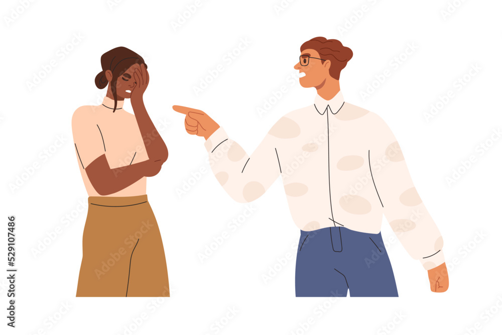 Quarrel, conflict in couple. Angry man blaming, shouting at upset woman. Fight, disagreement between two people in bad relationships. Flat graphic vector illustration isolated on white background - obrazy, fototapety, plakaty 