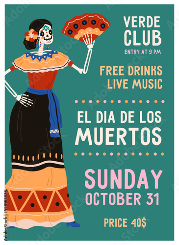 Flyer design for Mexican Day of Dead, Dia de los Muertos holiday. Mexico part...