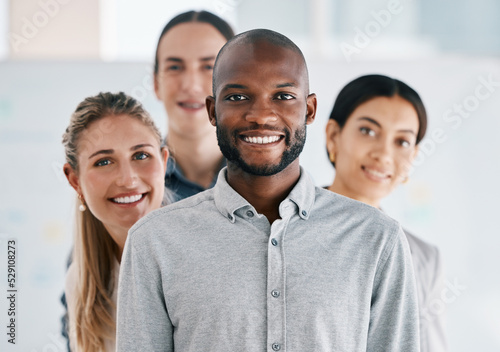 Black man leader, teamwork portrait and collaboration, company vision and happy staff. Business people group, diversity workers and smile professional standing in unity, motivation and leader support