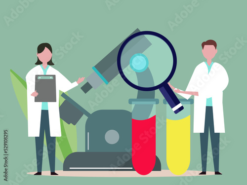 顕微鏡と試験管を使い研究をする科学者 大学院 白衣を着た医者 チームで実験を行う ベクターイラスト