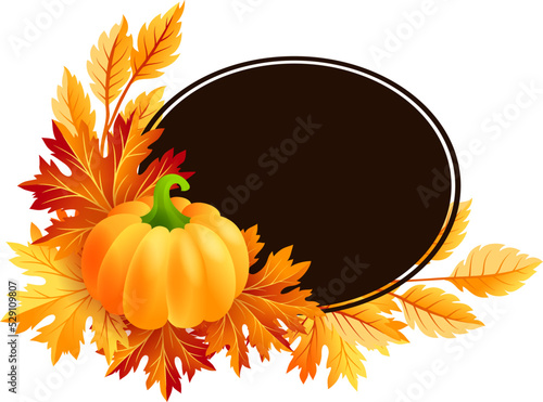 Autumn pumpkin with fall maple tree leaves frame