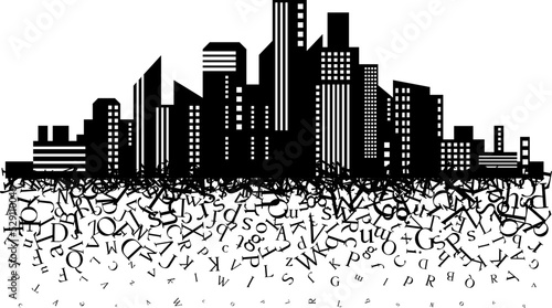 City scape with flying down letters. Vector decoration from scattered elements. Monochrome isolated silhouette. Conceptual illustration.