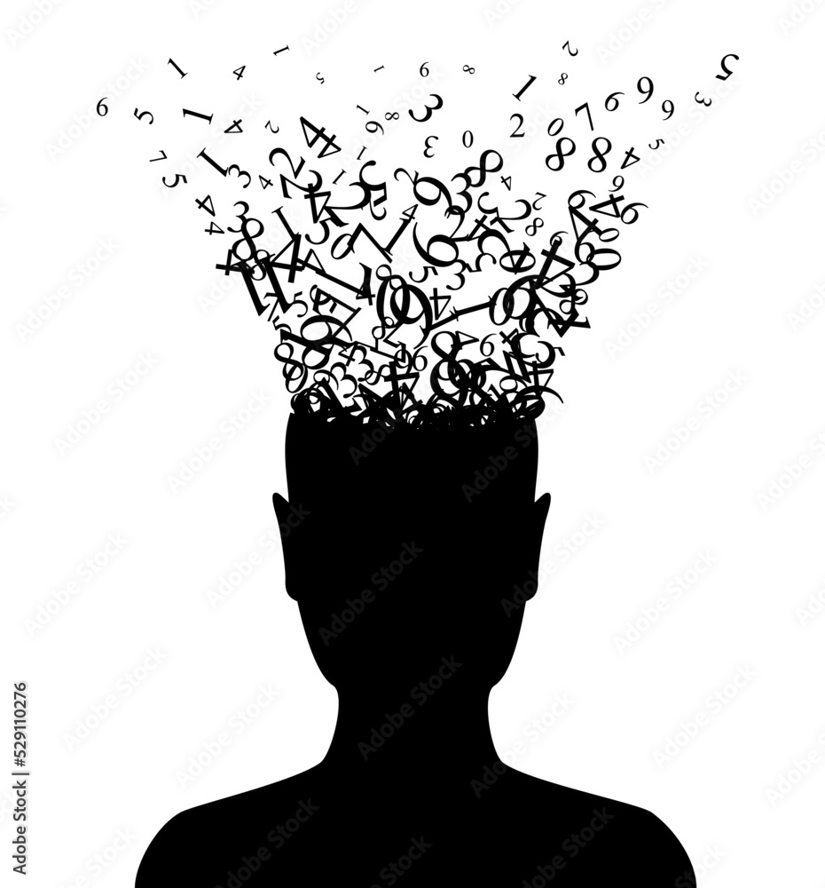 Head with flying numbers . Vector decoration from scattered elements. Monochrome isolated silhouette. Conceptual illustration.