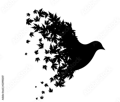 Flying bird with wings from maple leaves. Vector decoration from scattered elements. Monochrome isolated silhouette. Conceptual illustration.