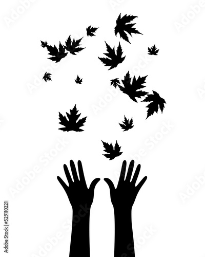 Hands with flying up maple leaves . Vector decoration from scattered elements. Monochrome isolated silhouette. Conceptual illustration.