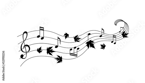 Music notes with flying maple leaves. Vector decoration from scattered elements. Monochrome isolated silhouette. Conceptual illustration.