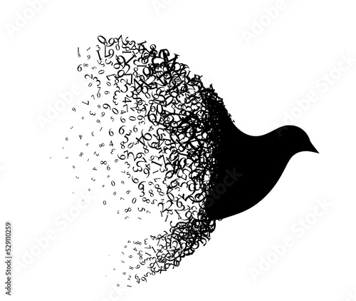 Flying bird with wings from numbers. Vector decoration from scattered elements. Monochrome isolated silhouette. Conceptual illustration.
