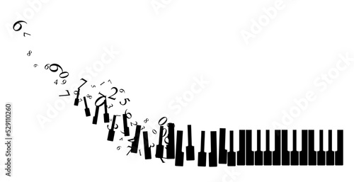 Piano keys with flying up numbers. Vector decoration from scattered elements. Monochrome isolated silhouette. Conceptual illustration.