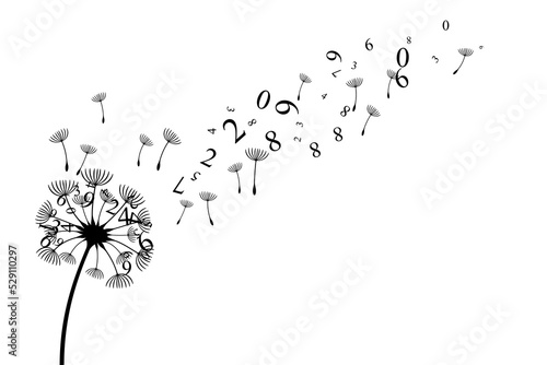 Dandelion with flying numbers and seeds. Vector decoration from scattered elements. Monochrome isolated silhouette. Conceptual illustration.