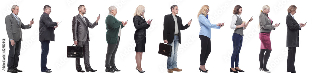 group of people profile holding phone in hand isolated group of people profile holding phone in hand isolated