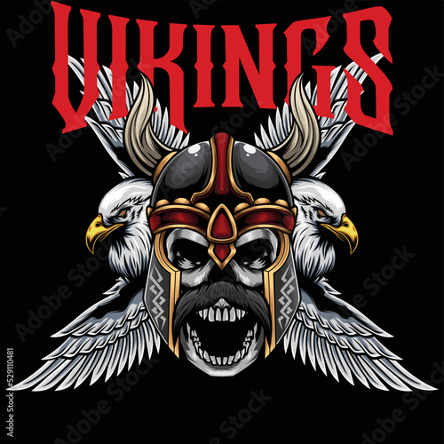 Vector Illustration of Skull Wearing Viking Helmet with Falcon in Vintage Style