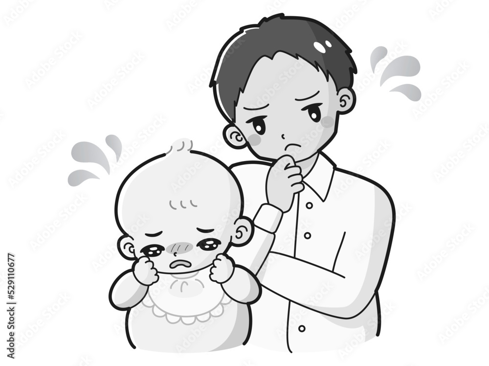 困る赤ちゃんと男性のイラスト