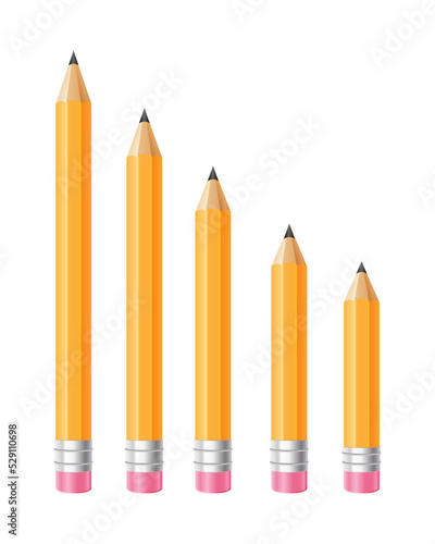 Thick pencil with eraser. Set of different size pencils. Vector