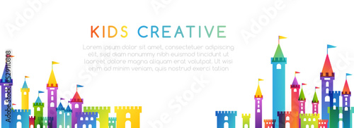 Kids imagination castle. Colorful childhood fantasy fort with rainbow towers. Horizontal border for design kids club, preschool room or kindergarten