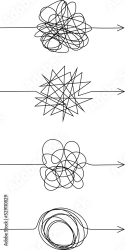 Tangled scribble way collection. Complicated chaotic pathes. Conceptual vector illustration of difficult process or way.