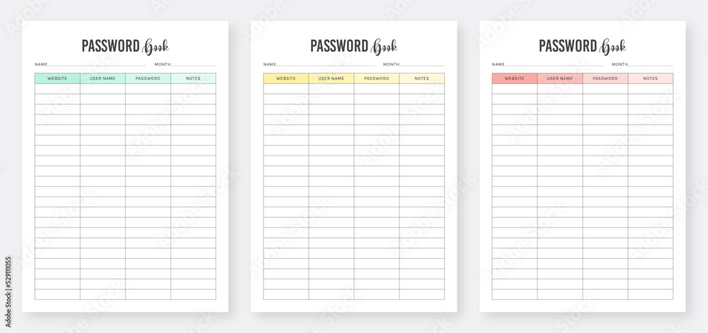 Password Log Book Template. Password Tracker Template. Printable Password  Book Design. Modern Simple Password Log Template. Minimalist Planner Pages  Template. Notebook Page. Business Organizer Page. Stock Vector