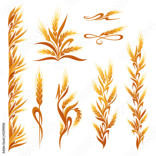 Wheat ears decorations. Cereal spikelets symbols isolated on white background. Design elements for bread packaging, beer label or organic grain products,