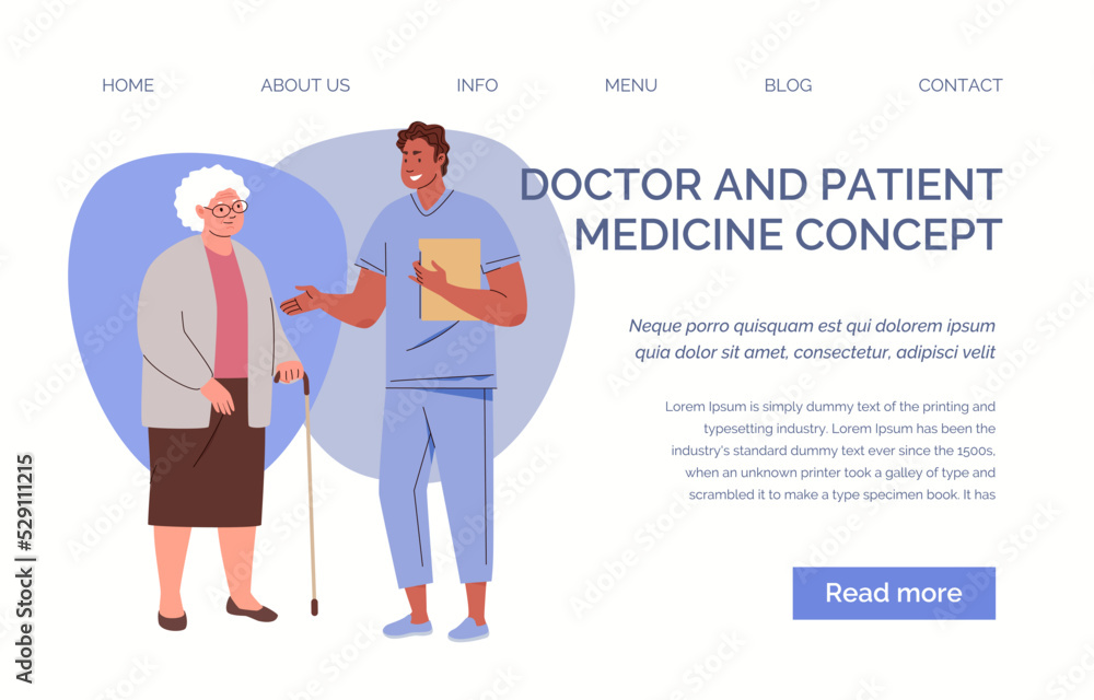 Reception of geriatric doctor, therapist, narrow specialist. Elderly woman sought medical help. Physician consults patient, diagnoses, prescribes treatment. Template, landing page. Vector illustration