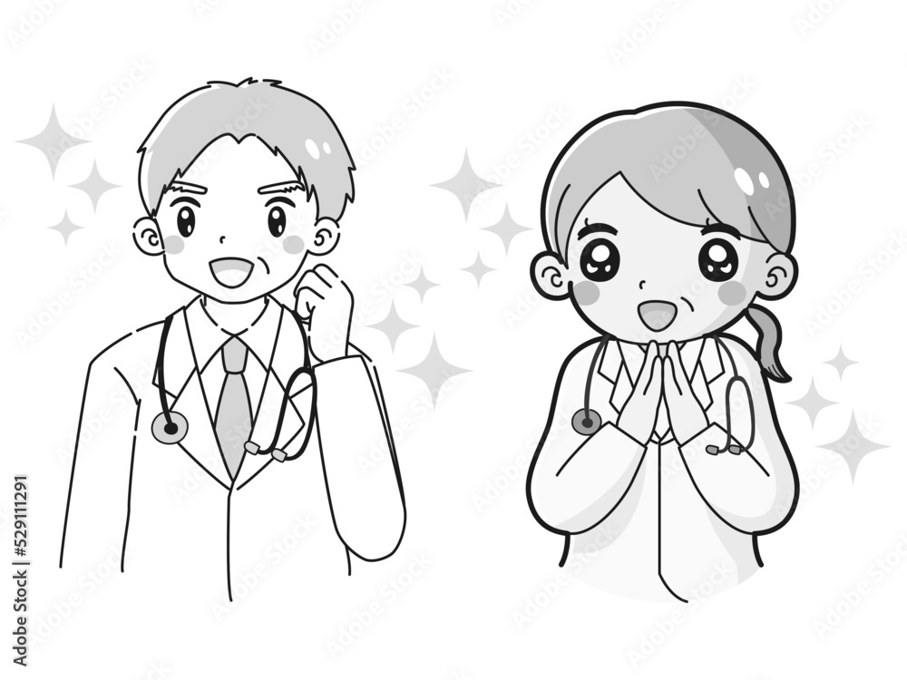 ときめく笑顔の白衣を着たシニア男性医師と女性医師のイラスト ときめく笑顔の白衣を着たシニア男性医師と女性医師のイラスト