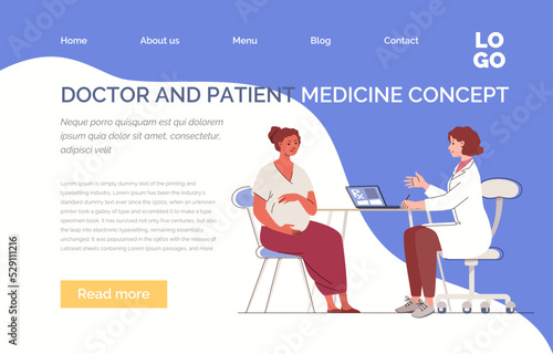 Patient in gynecologist's office. Pregnant woman and doctor.  Concept of women's health and birth of healthy children. Website, template, landing page. Vector characters flat cartoon illustration.
