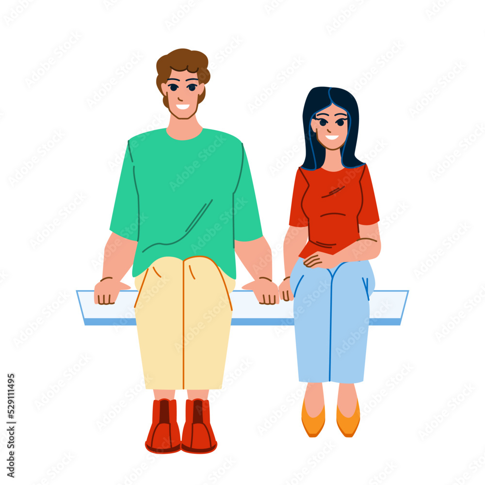 Obraz premium couple sitting vector. woman happy, man young, love family, lifestyle home, smile adult, together couple sitting character. people flat cartoon illustration