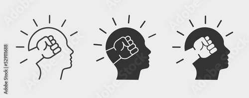 Fist icon inside head. Black illustration isolated on white background for graphic and web design.
