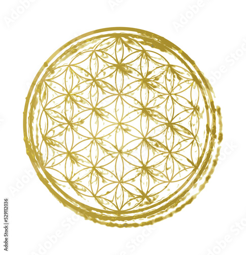 Vector Golden Gold Flower of Life Circle Symbol Sign.Sacred geometry background.Yellow paint round circles icon stamp.Meditation.Mandala.Shirt print design.Decoration element.Vinyl wall sticker decal.