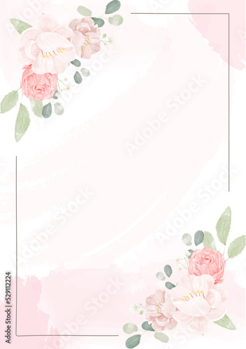 pink rose and peony flower bouquet wreath with frame on pink watercolor splash background