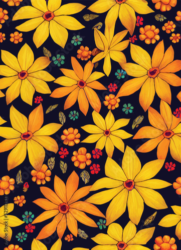 A beautiful illustration of marigolds  floral pattern on black background  to use for cards  invitations or illustration on  Dia de los muertos .