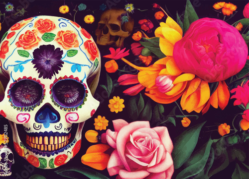 A creepy colourful portrait of a skull with flowers for "dia de los muertos", "Day of the dead". 