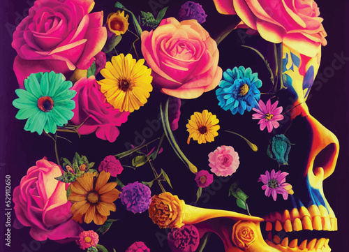 A skull of "Dia de los muertos" with flowers, bright colours, abstract, artistic drawing