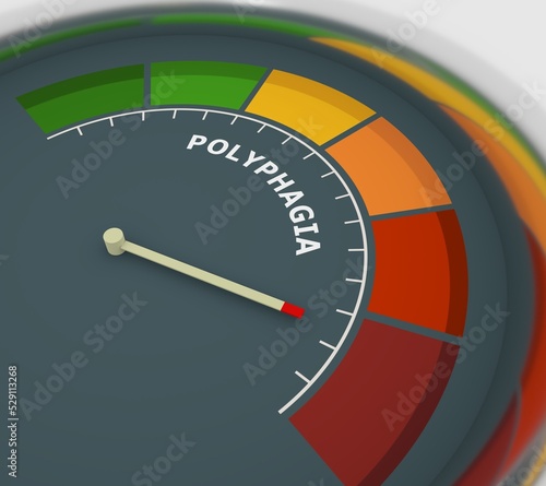 Abstract polyphagia level indicator with color scale and arrow. 3D render photo