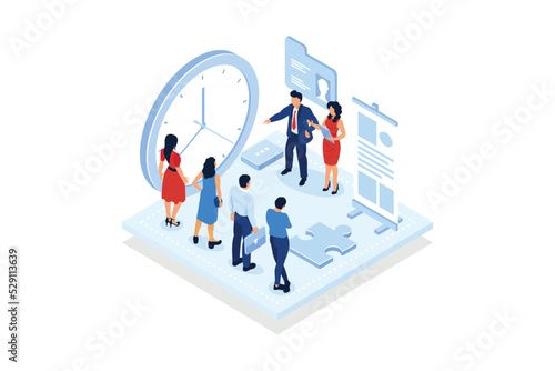Select candidates. Recruiter holding a lot resumes in hands, candidate selection, create short list, HR department.isometric vector modern illustration