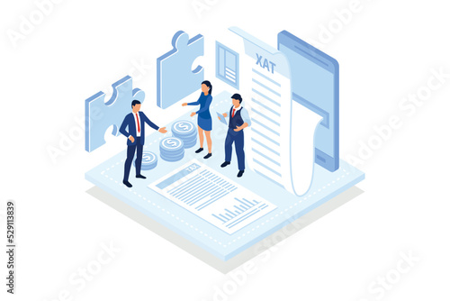 Small business finance management. Calculate expenses, hire an accountant and tax consultant, money management. isometric vector modern illustration